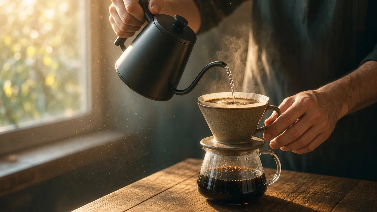 A barista pours water over a ceramic coffee dripper in morning light